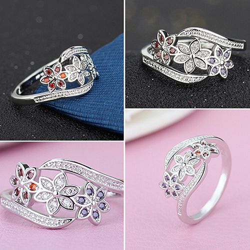 Women's Cute Flowers 925 Sterling Silver Ring Charm Zircon Inlaid Party Jewelry