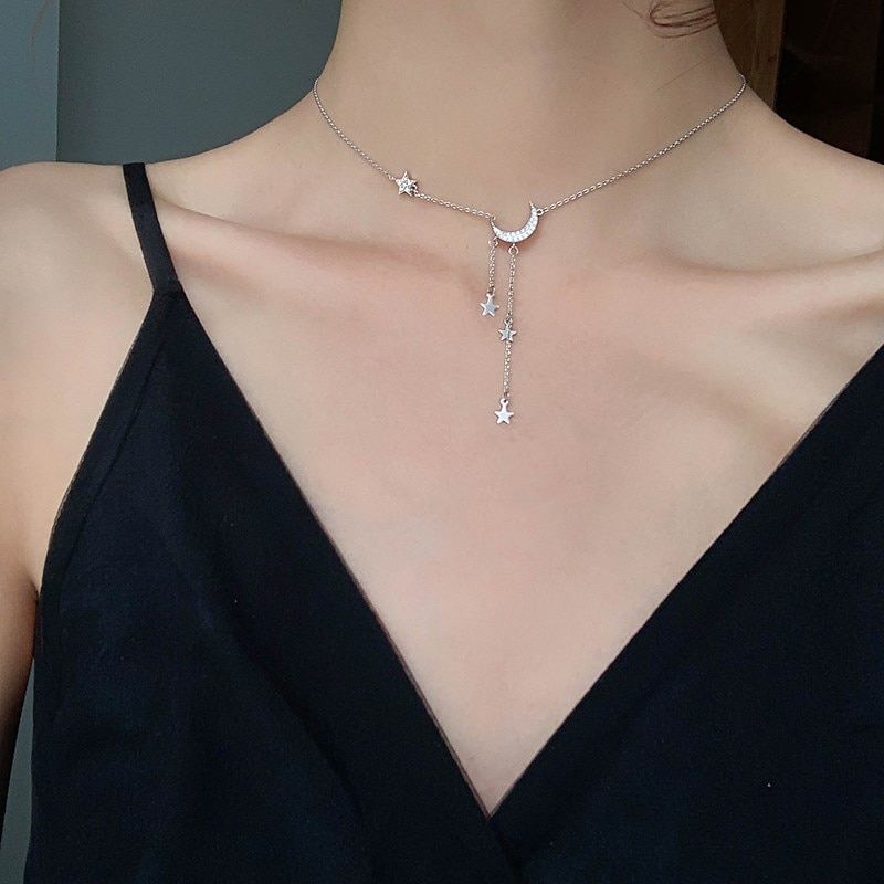925 Sterling Silver Star Moon Simple Elegant Temperament Tassel Necklaces For Women choker collares Wedding Jewelry Necklace