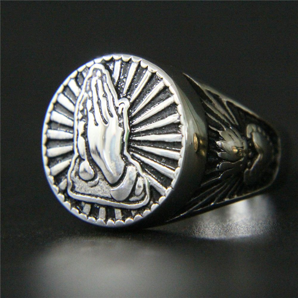 1pc Support Dropship Prayer Blessing Hand Ring 316L Stainless Steel Jewelry Band Party Pray Ring