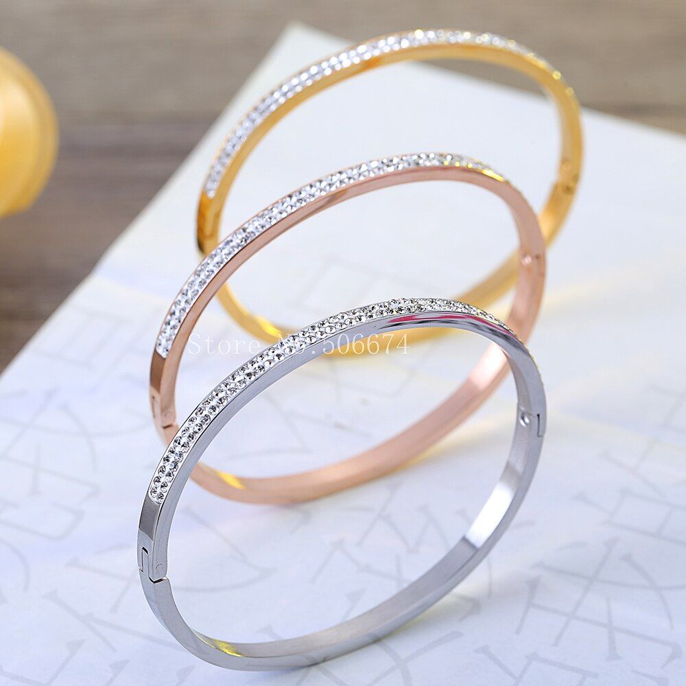 free registered 2018 Fashion AAA Rhinestone Stainless Steel Bangle Opened For Women Jewelry Bracelet Top Quality Factory