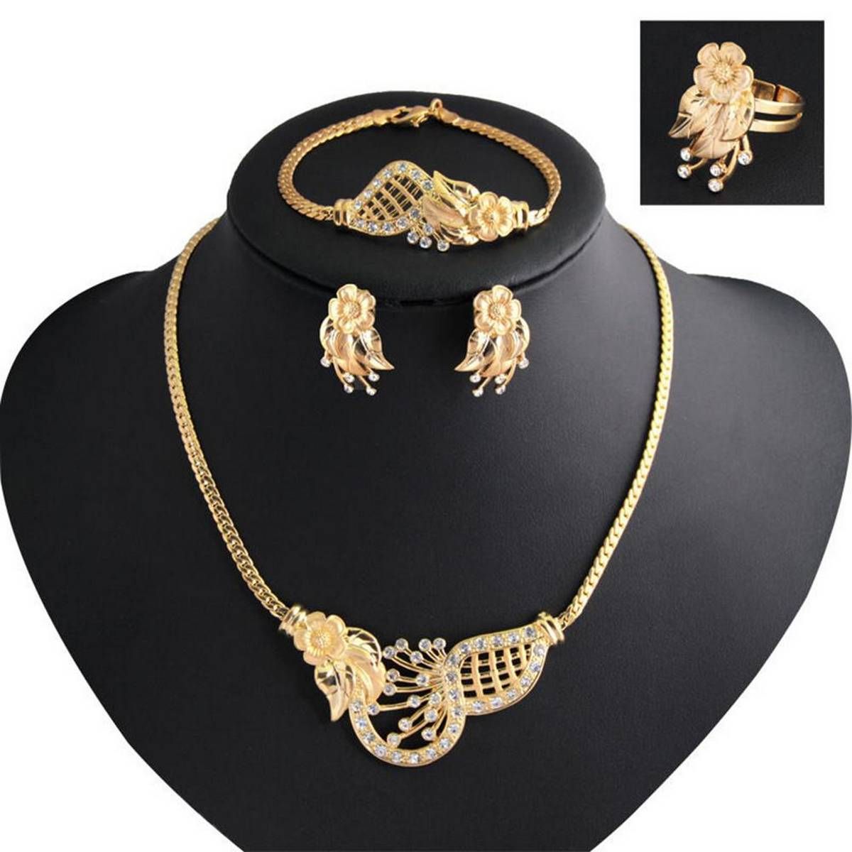 Women Wedding Golden Tone Necklace Earrings Ring Jewelry