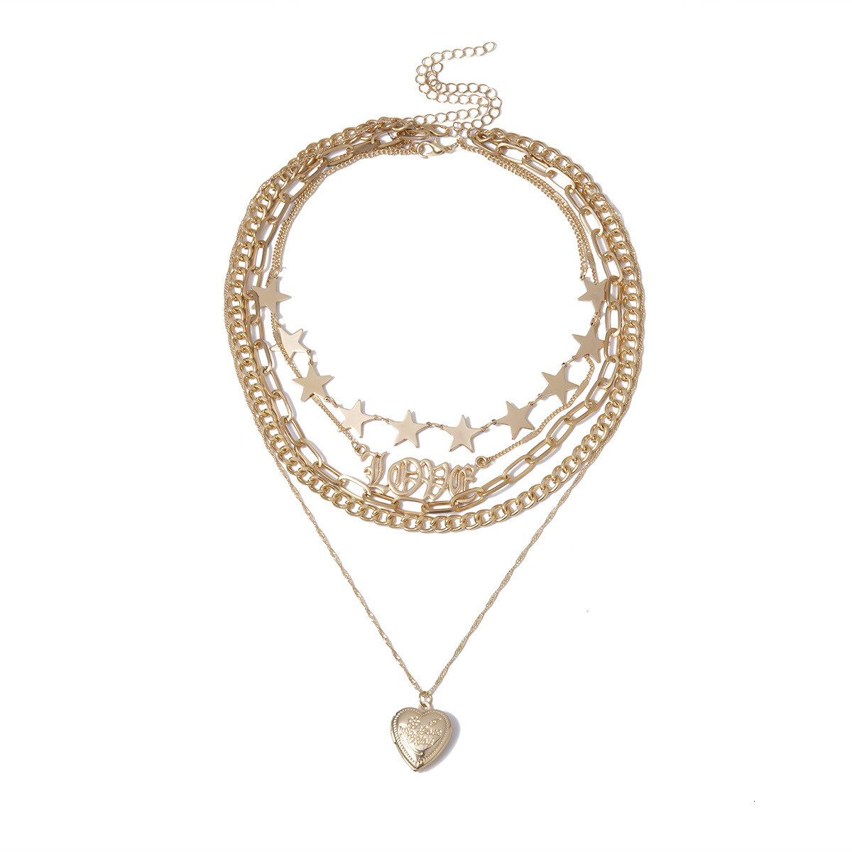 Youvanic Vintage Layered Gold Chain Locket Heart Pendant Necklace Love Letter Star Choker For Women Fashion Jewelry Collar 2614