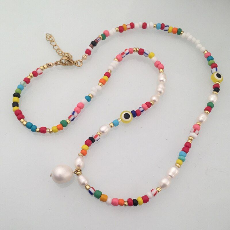 DIY alphabet letter freshwater pearl necklace beads choker women Pearlized Spectrum bohemian boho Multicolored beaded necklace
