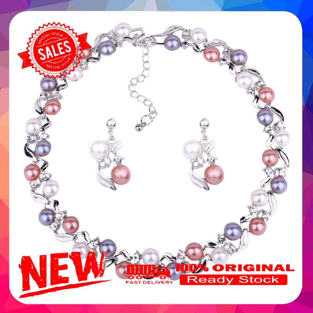 Elegant Women Faux Pearl Rhinestone Necklace Ear Stud Earrings Party Jewelry Set