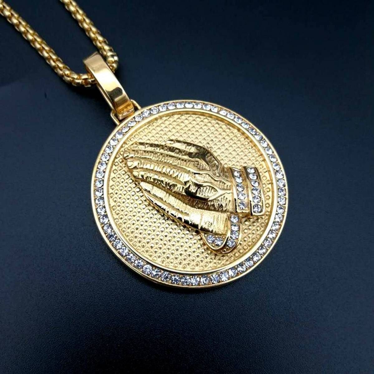 Arrival 316L Stainless steel zircon Praying Hands Hiphop Bling Necklace Mens Gold color Religious Jewelry Iced Out Prayer Jesus