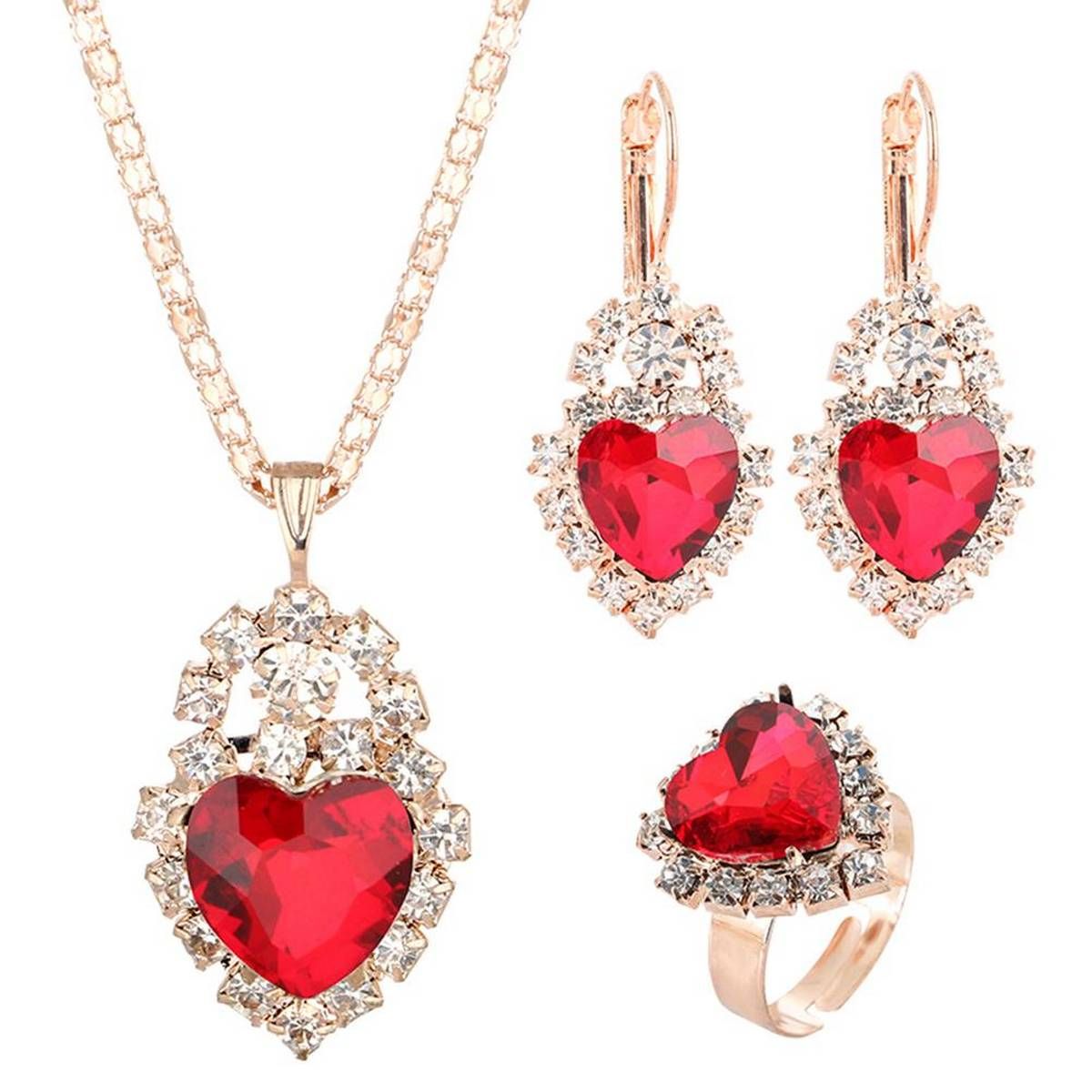 Wedding Heart Pendant Rhinestone Inlay Necklace Earrings Ring Bridal Jewelry Set