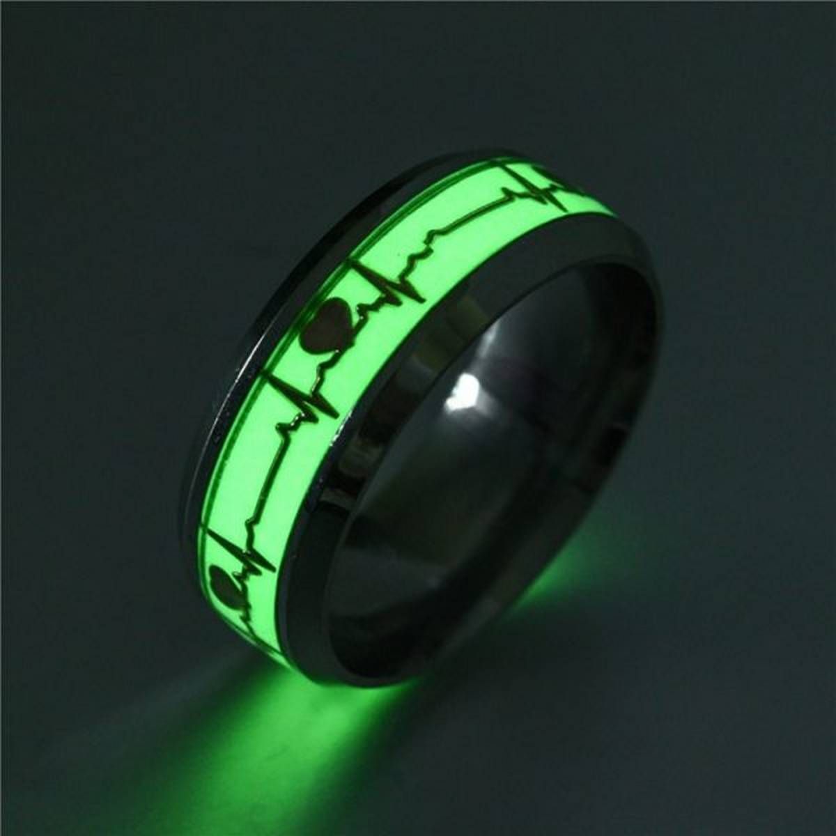 Glow in The Dark Heart Rate Stainless Steel Couple Finger Ring Christmas Fashion Jewelry Women Men Gift