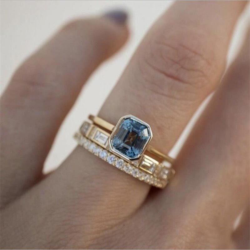 3pcs Acid Blue Crystal Rings for women Fashion Yellow Gold Color Wedding women's Ring Luxury Brand Jewelry Gifts Accessories(null)