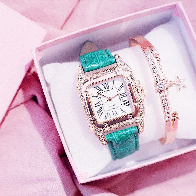 Casual Watch Bracelet Set Women Luxury Crystal Square Watches Leather Band Quartz Watches Reloj Mujer Cheap Price Dropshipping