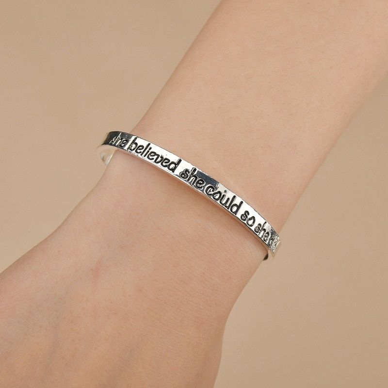 Vintage She Believe Letter Carved Open Cuff Bracelet Indian Jewelry Fashion Adjustable Armband Wristlet For Women Bangles