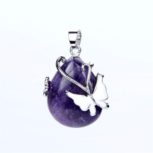 Natural Purple Rose Pink Quartz Tear Drop Pendant for Women Necklace Jewelry Opal Stones WaterDrop Charm With Drip Oil Butterfly