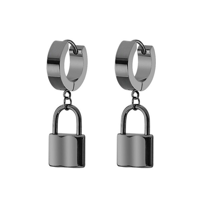 1pair  Padlock Hoop Earrings For Men Metallic Stainless Steel Lock Cross Shaving Blade Drop Earing  Unisex Jewelry