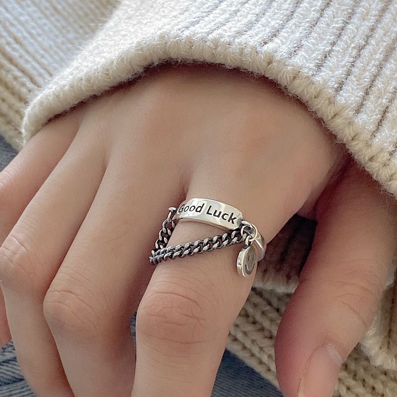 Fashion Good Luck Initial Letter 925 Sterling Silver Dainty Ring For Women Retro Vintage Thai Silver Tassel Chain Ring Gifts