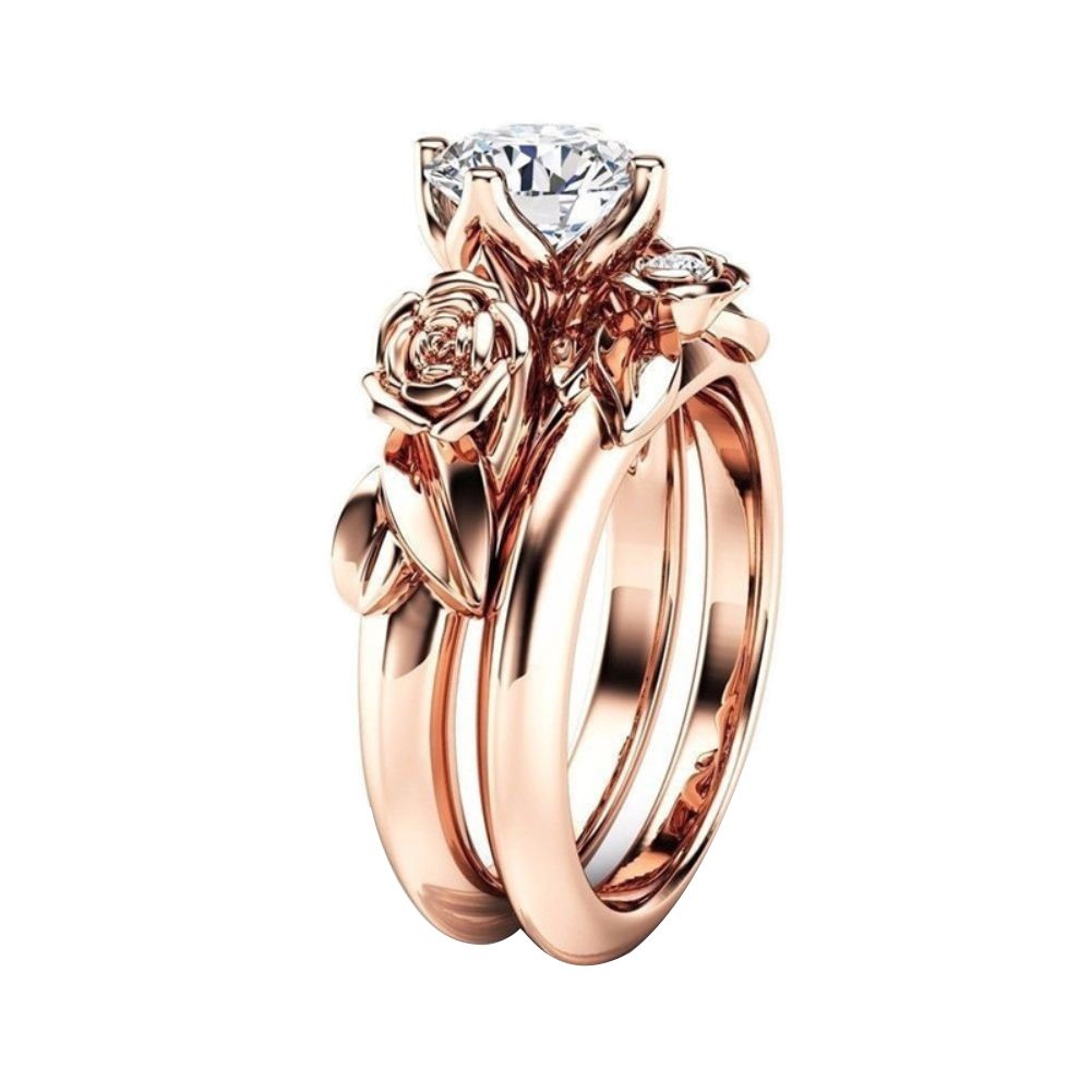 2Pcs Fashion Rose Flower Rings Set Rhinestone Women Party Engagement Jewelry