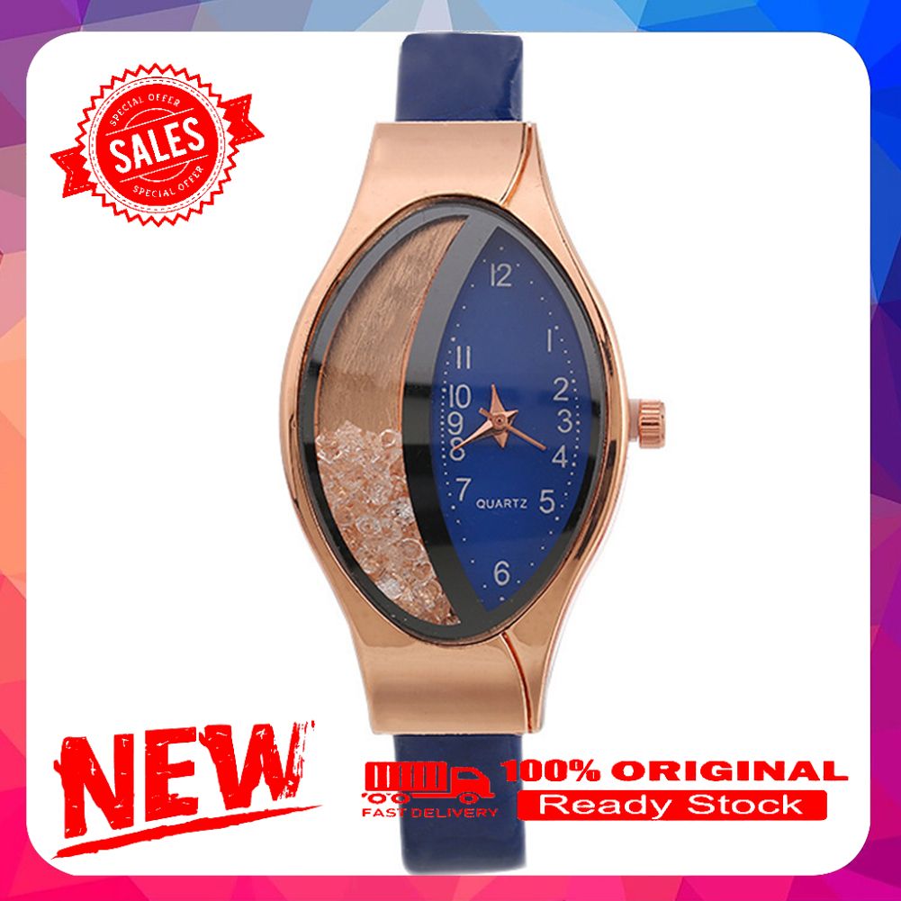 Vist Fox Lady Quicksand Rhinestone Oval Dial Faux Leather Strap Analog Quartz Wrist Watch