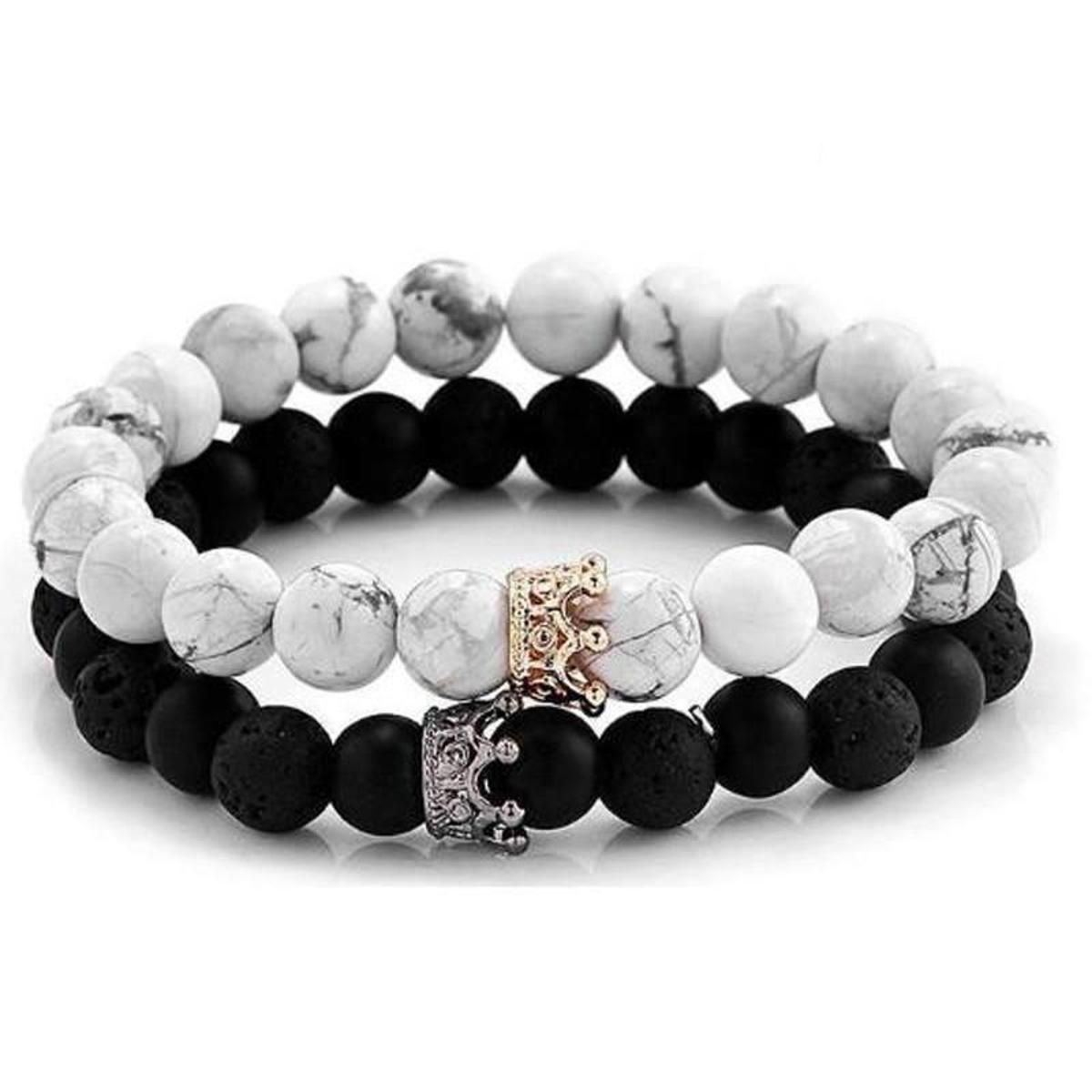 King And Queen Lava Stone Couple Bracelet - 2 Pc