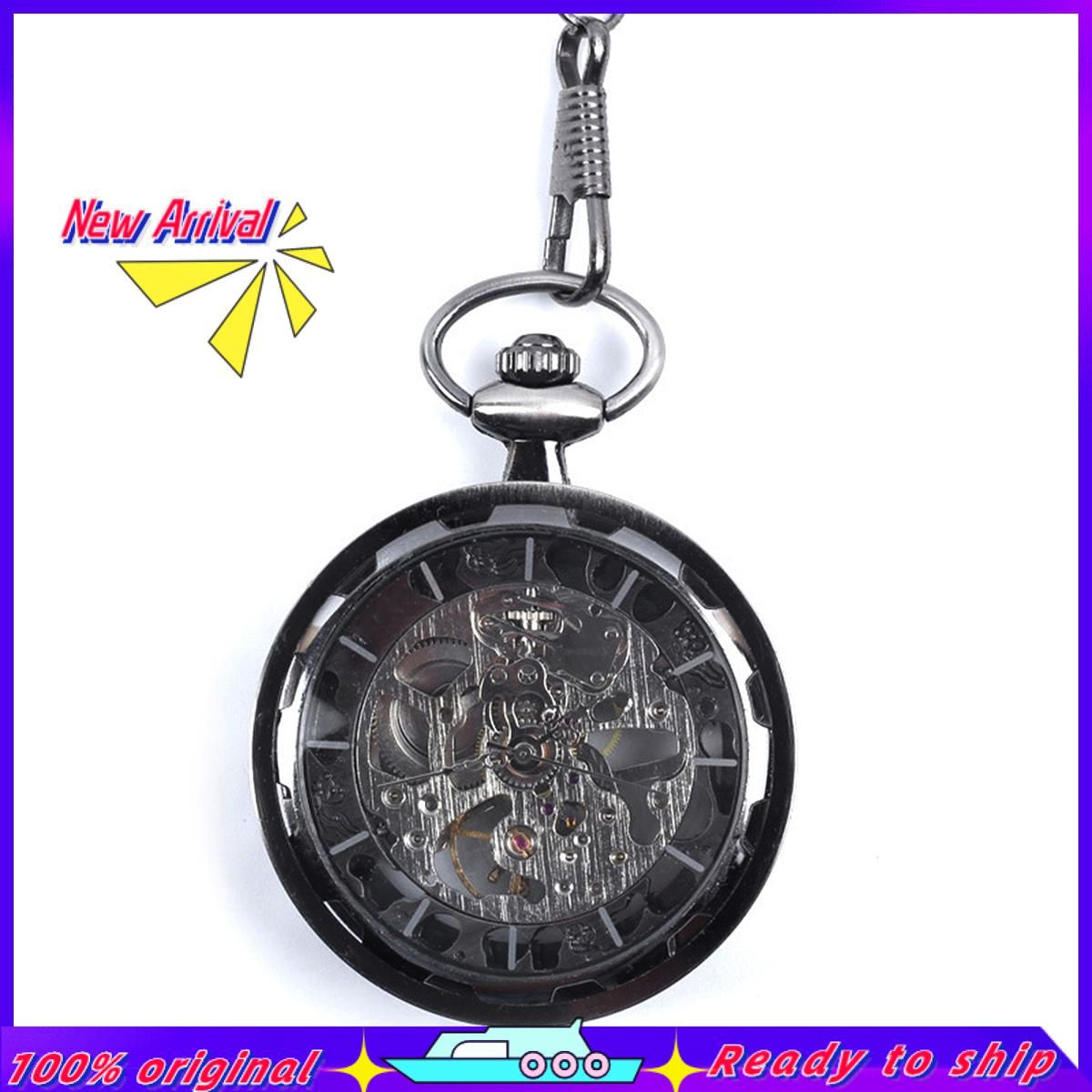 Hand-winding Hanging Chain Alloy Hollow Uncovered Mechanical Pocket Watch Clock for Daily LIfe