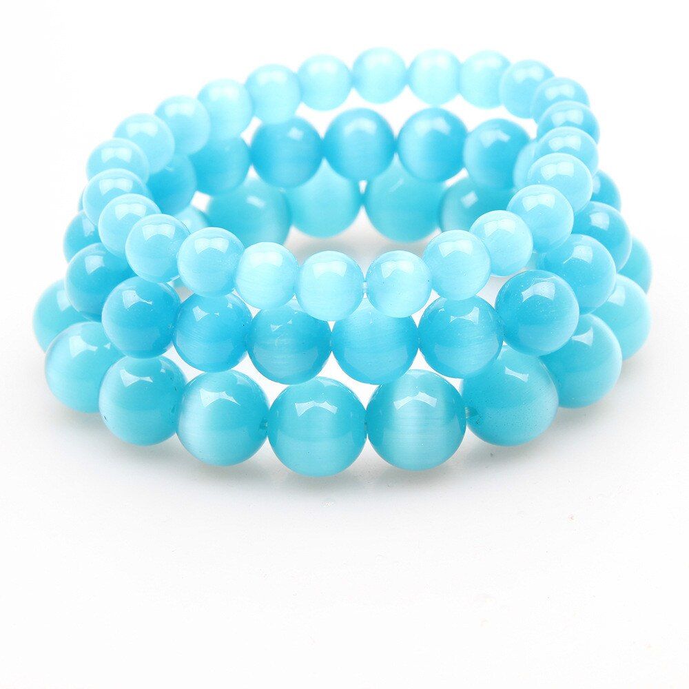 Natural Stone 8mm 10mm 12MM Blue Cat Eye Beads Bracelet Bangle for Women Opal Bracelet Jewelry 18cm -19cm