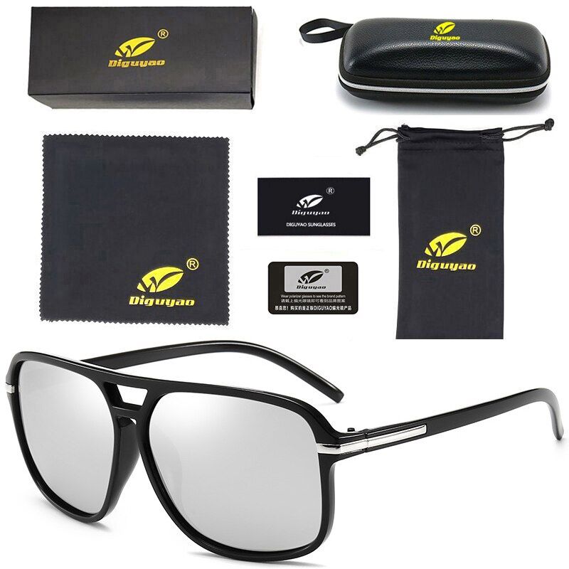 Black---SilverDIGUYAO Arrivals Men Polarized uv400 Big Square Frame Sunglasses Black Lens Male Retro Fishing driving Glasses Gafas De Sol