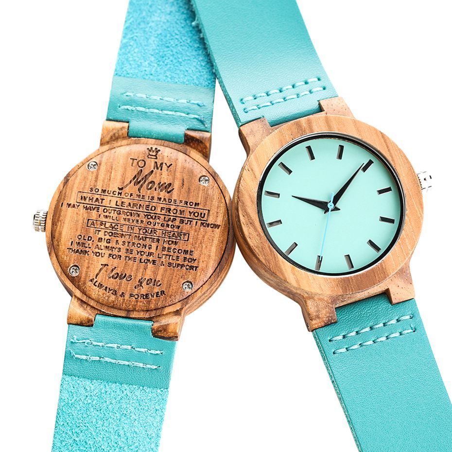 DIY ized Logo Unique Blue Watch Family Gifts To My Mom Wood Watches Clock Women Fashion Leather Band Quartz Wristwatches