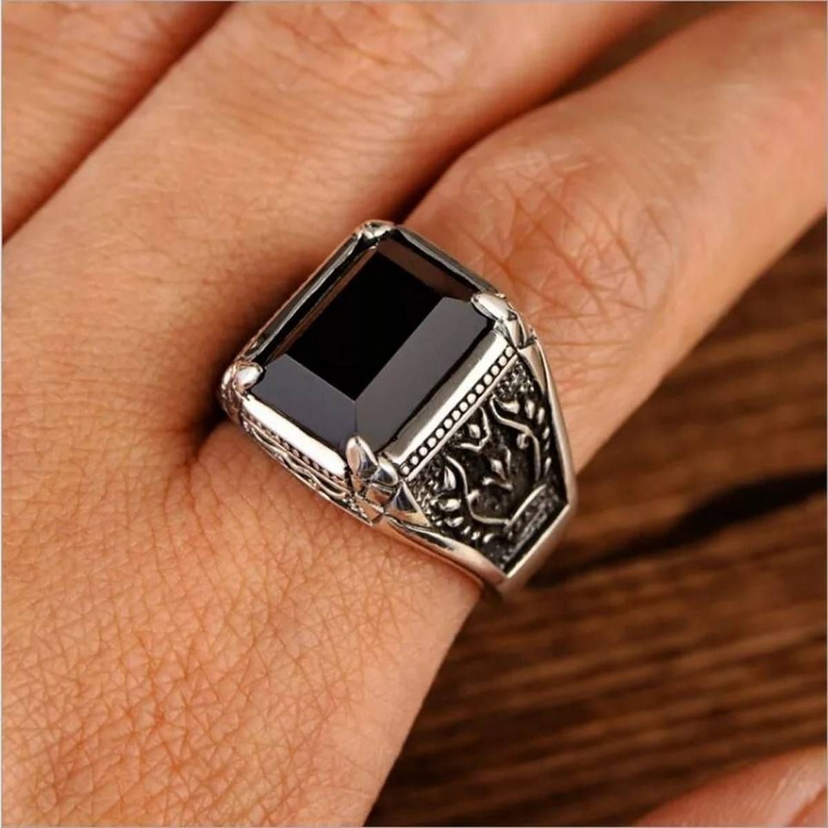 Silver black natural stone fashion Men's Stainless Steel Finger Ring