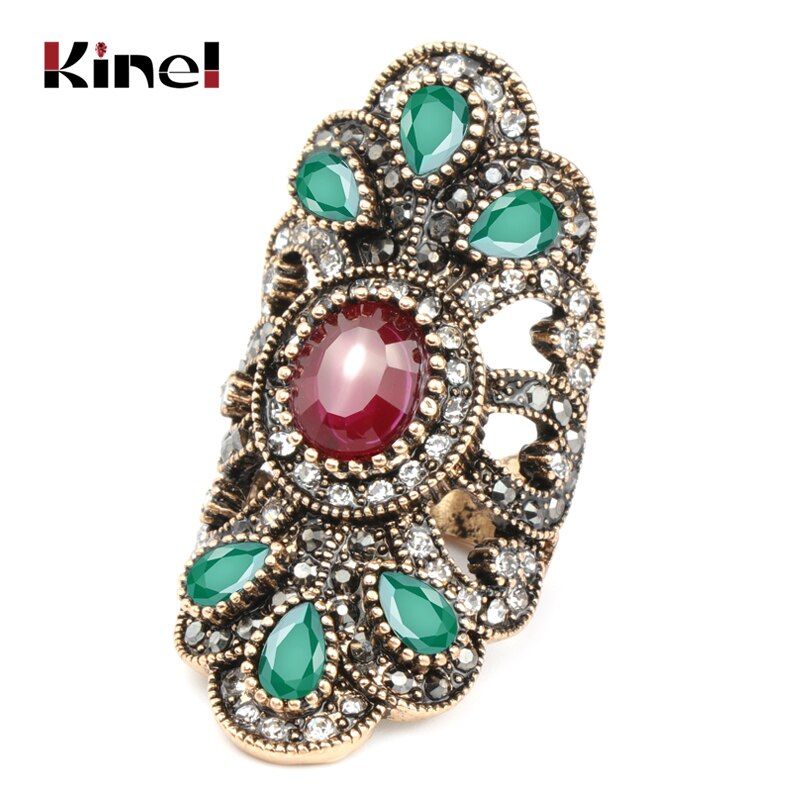 Kinel Luxury Antique Ring For Women Vintage Look Blue Resin Jewelry Bohemian Silver Color Inlay AAA Gray Crystal Charm Punk Ring