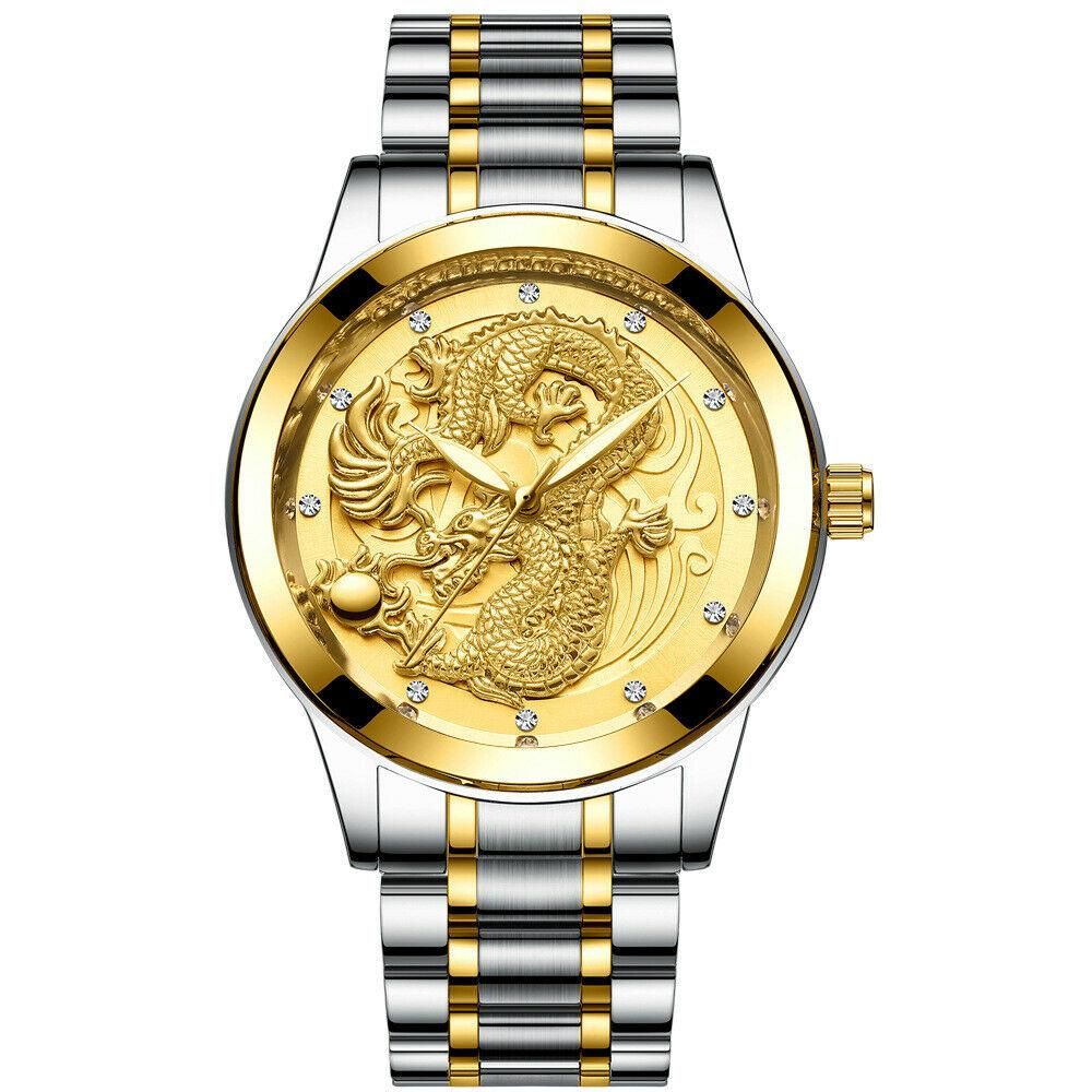 Men Watch Dragon Sculpture Quartz Luminous Men Steel Waterproof Wristwatch
