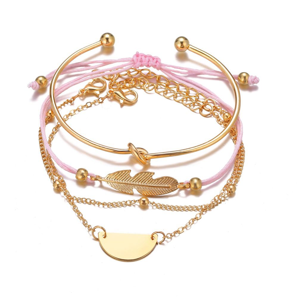 4 Pcs/set Women's Bracelet Feather Shape Retro ple Style Alloy Bracelet