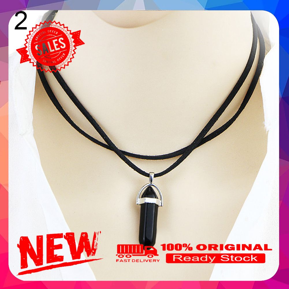 Women Double Layer Faux Leather Rope Hexagonal Prism Stone Pendant Necklace