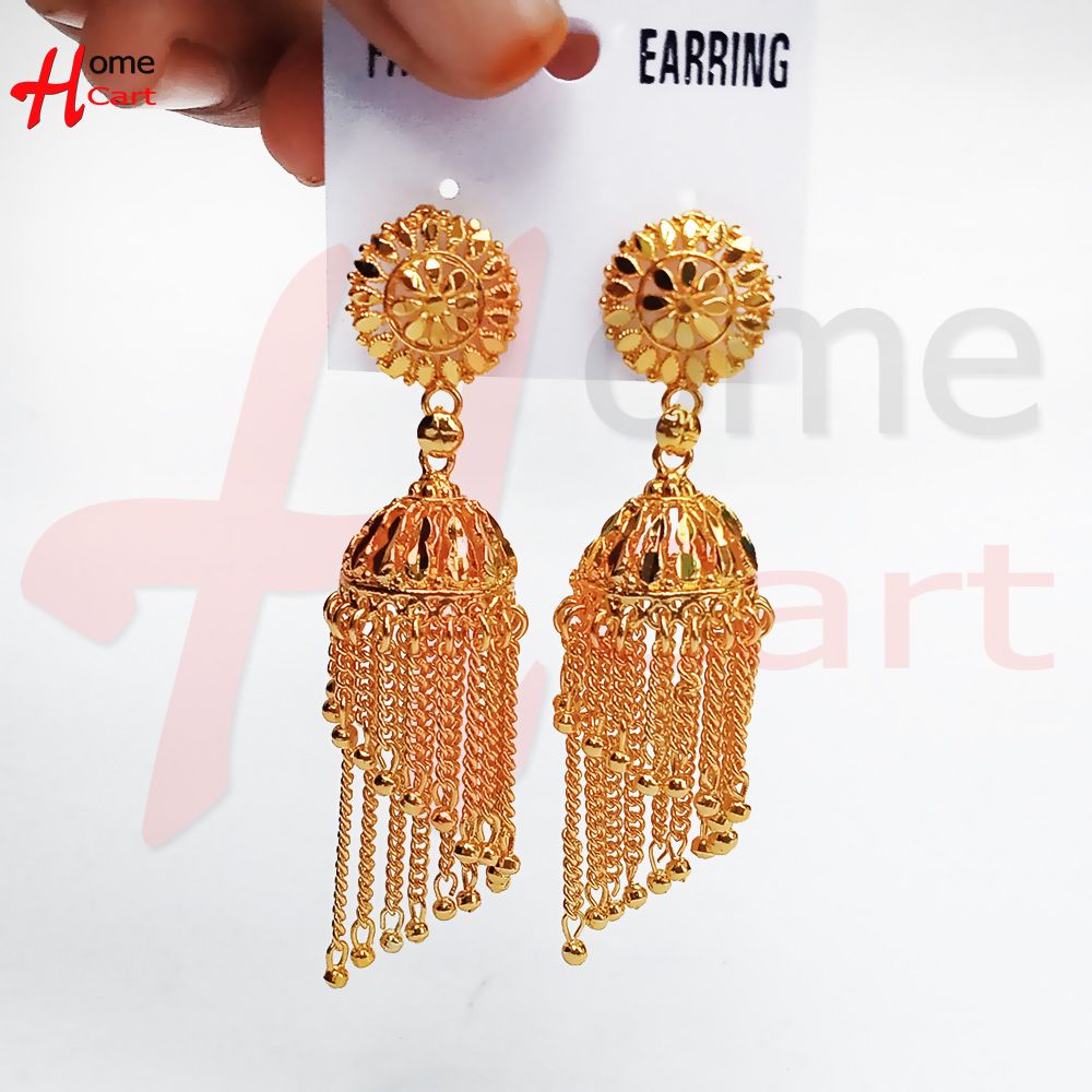 Golden Jhumka Dul Earrings For Women chain jhumka - Ear Ring - কানের দুল - Earrings For Girls