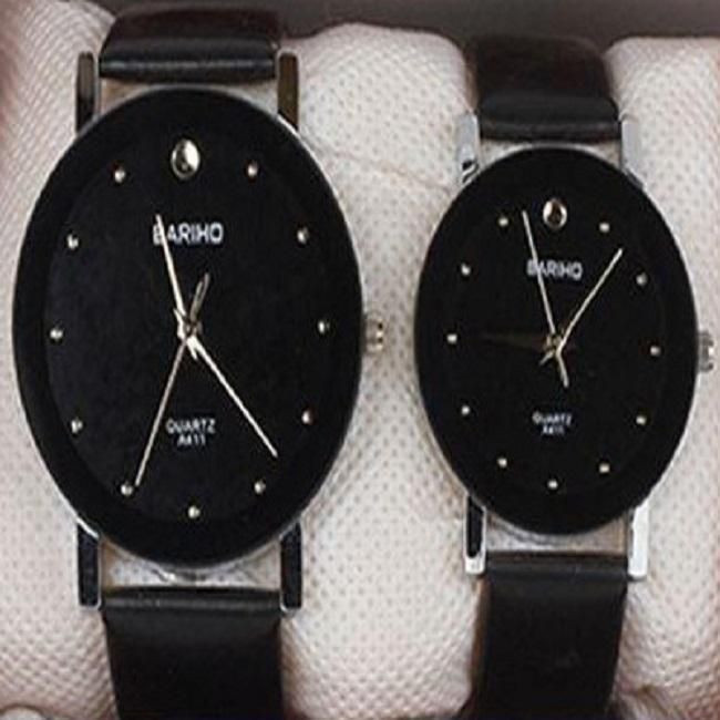 Black Leather Strap Analog Couple Watch