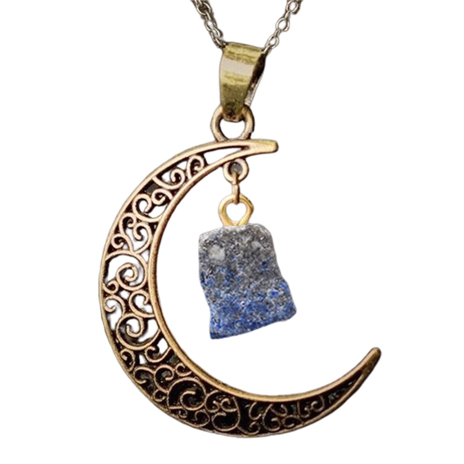 Women Necklace Vintage Style Moon Shape Natural Quartz Stainless Lady Pendant for Gift