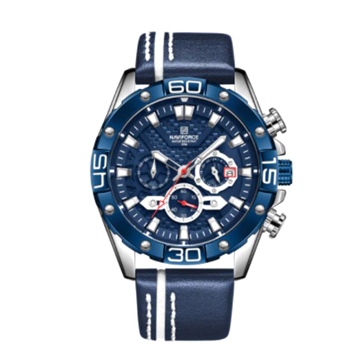 NAVIFORCE NF8019 Navy Blue PU Leather Chronograph Watch For Men - Silver & Navy Blue