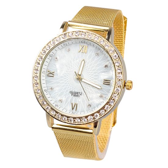 Women Fashion Rhinestone Roman Numerals Gold Plated Metal Mesh Band Wrist Watch