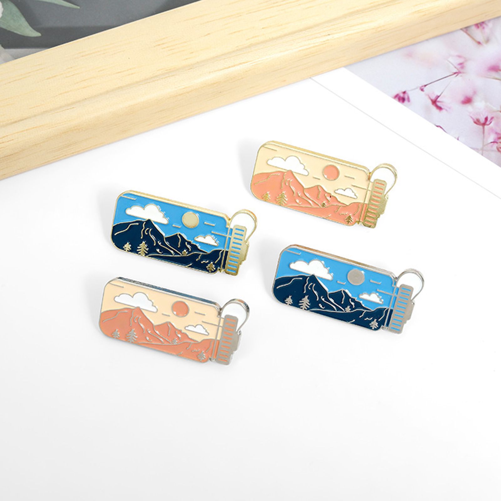 Cartoon Outdoor Landscape Mountain Peak Sun Cloud Illustration Badge Brooch Pin