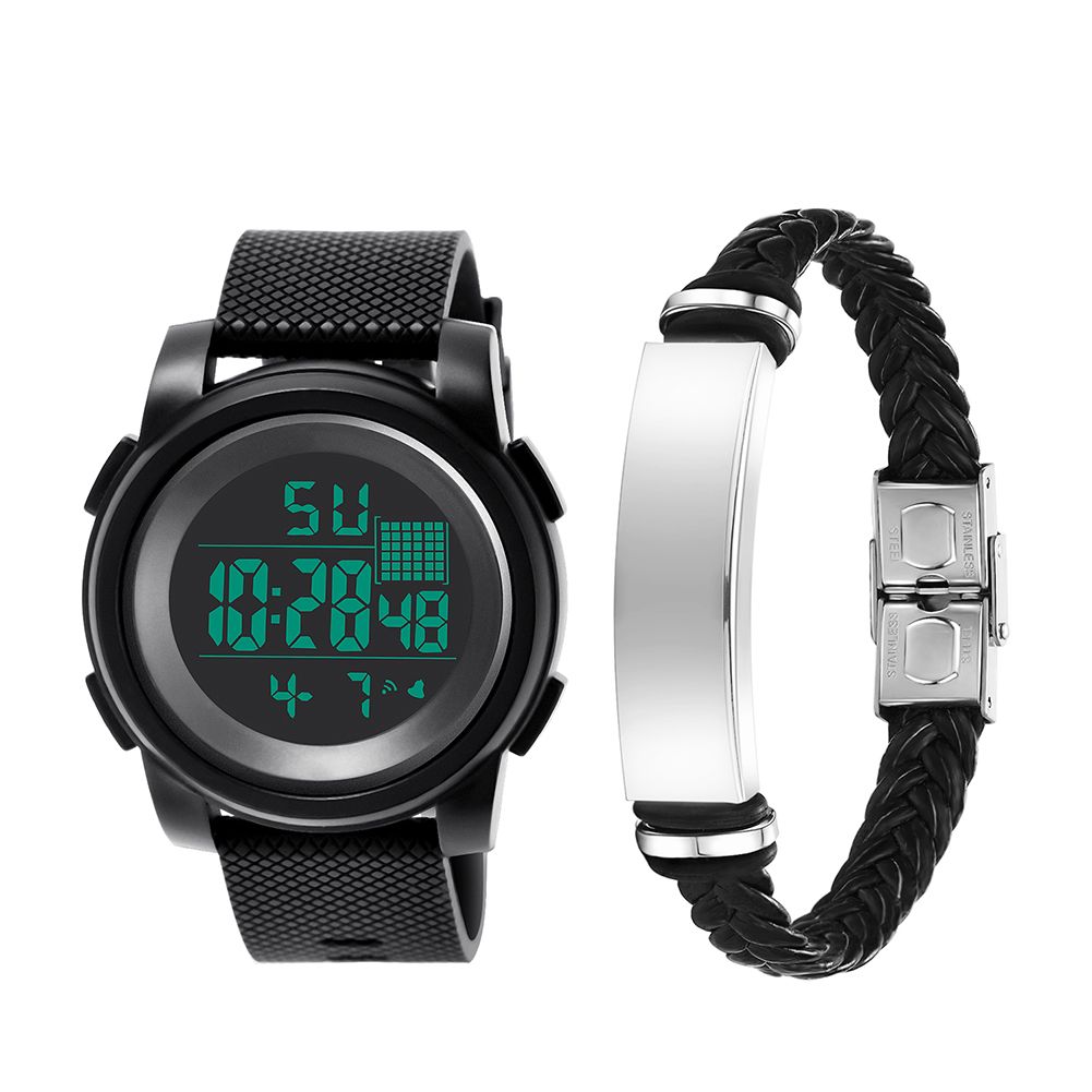 2Pcs Men Sports Waterproof Electronic Digital Luminous Wrist Watch + Bracelet