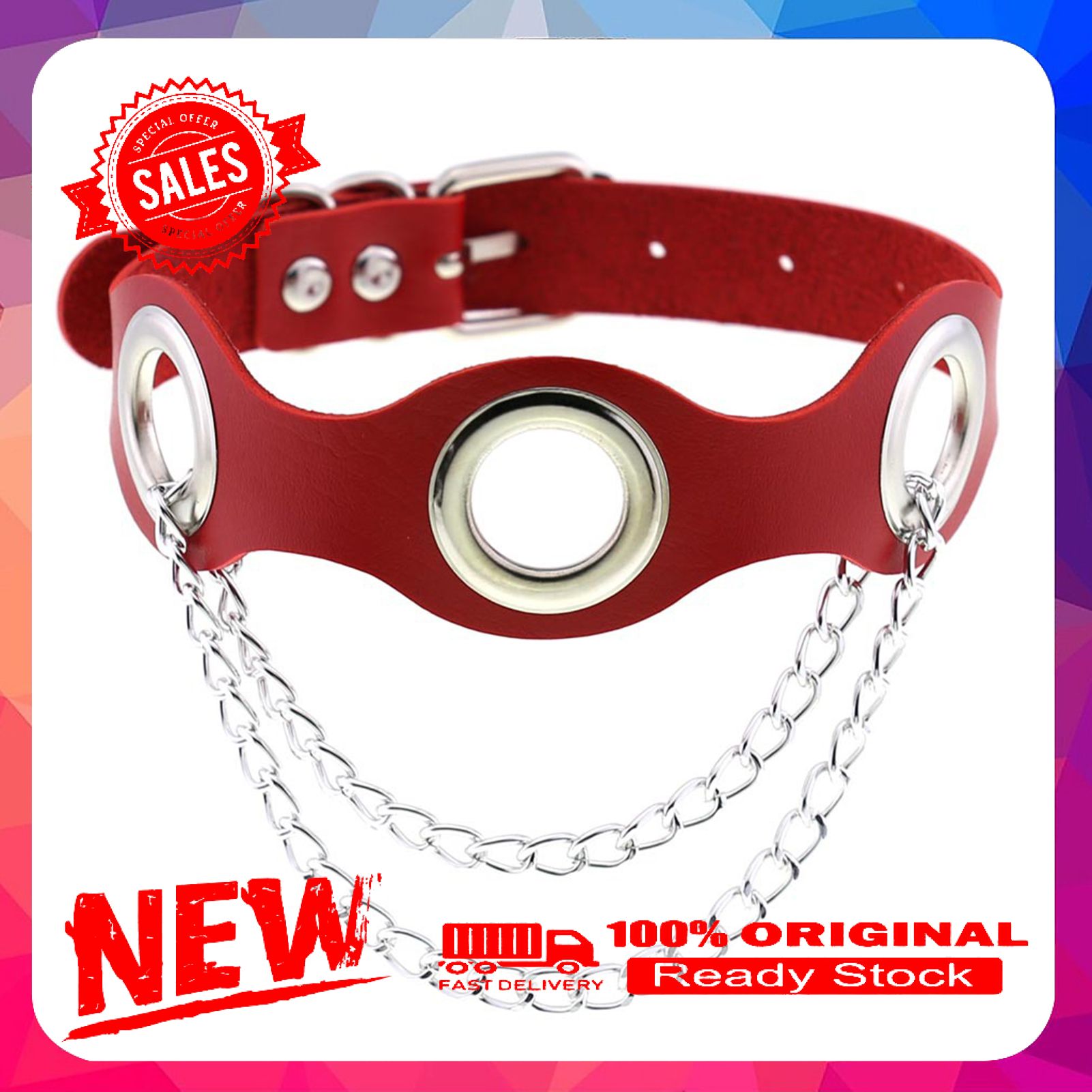 Punk Hollow Faux Leather Metal Chain Goth Circle Necklace Choker Collar for Bar