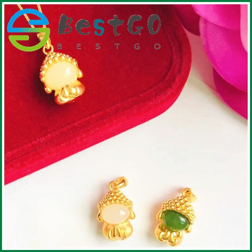 Burmese Gold Dustless Buddha Pendant Jade Inlaid Buddha Pendant Pendant Gold-Plated Chalcedony Small Cute Buddha Statue Bodhisattva White Jade