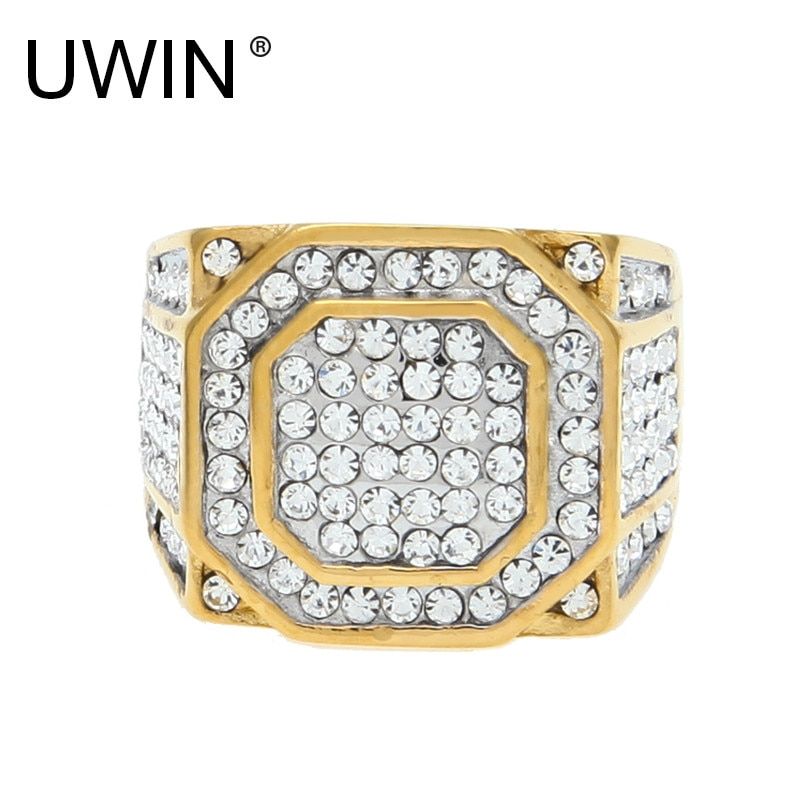 UWIN Men's Stainless Steel Square Ring Bling Bling Rhinestone Crystal silver color Gold Color Punk Rings Fashion Hip Hop Jewelry