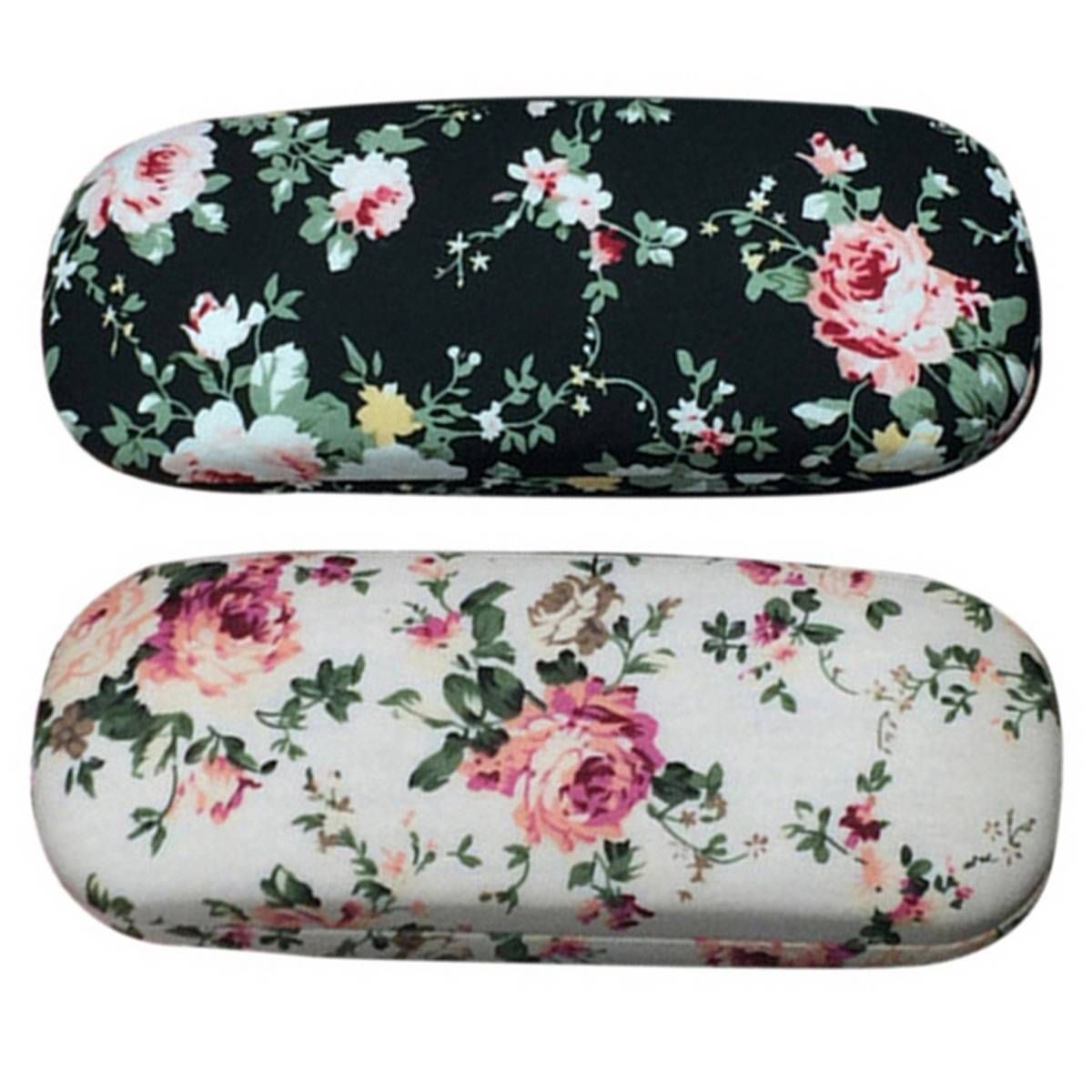 2 Pcs  Eyeglasses Hard Case for Glasses Women Optical Cases Floral Print Eyewear Spectacles Box Holder EyeGlass Case (White & Black)