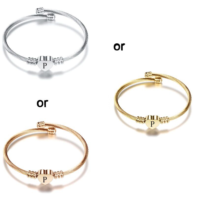 Stainless Steel Heart Bracelets With Letter For Woman A-Z 26 Initial Alphabet Opening Ladies Bangles Fashion Jewelry Accessories