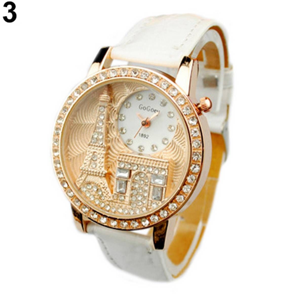 Fashion Women Lady Eiffel Tower Dial Faux Leather Band Quartz Wrist Watch