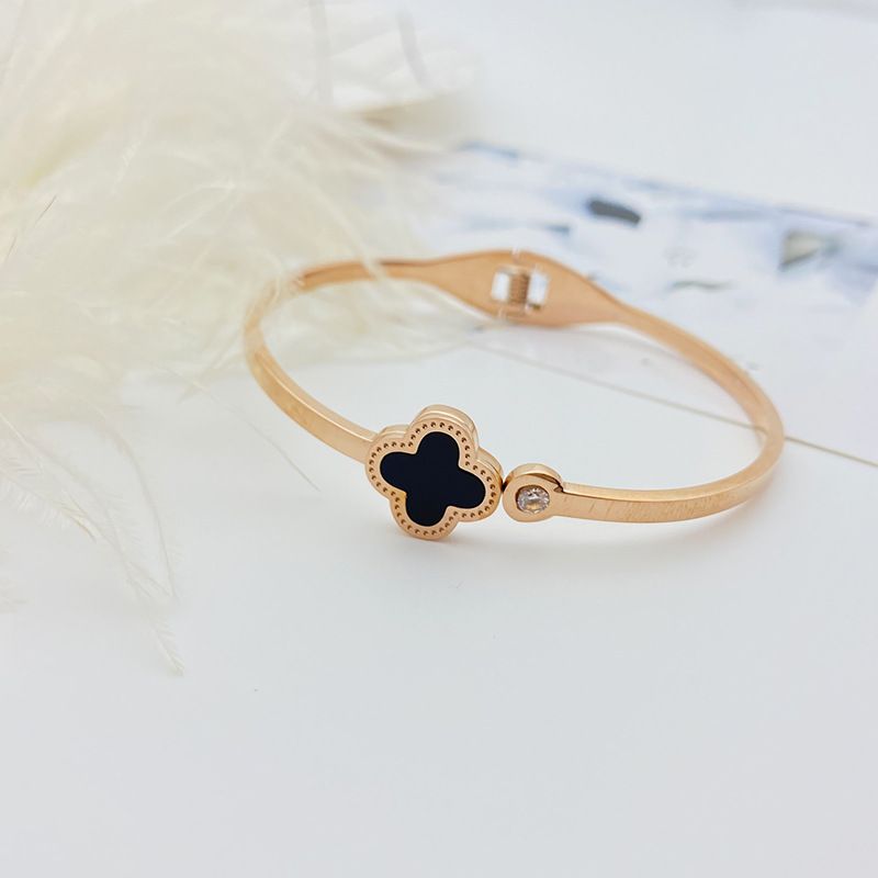Metal Titanium Steel Bangle Rose  Leaf Clover Charm Opened Cuff Bangle Bracelet - Bracelet