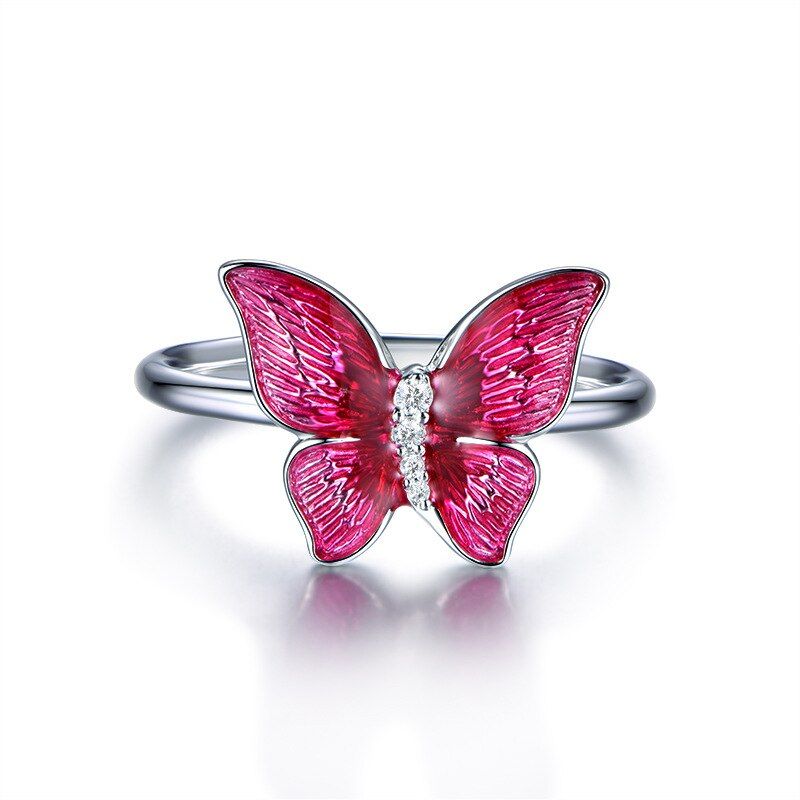 OMHXZJ Wholesale European Fashion Woman Girl Party Wedding Gift Red Butterfly El AAA Zircon 925 Sterling Silver Ring RR134