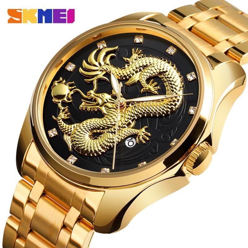 SKMEI Brand Fashion Watches Dragon Quartz Luxury Stainless Steel Waterproof Business Watch For Men 9193