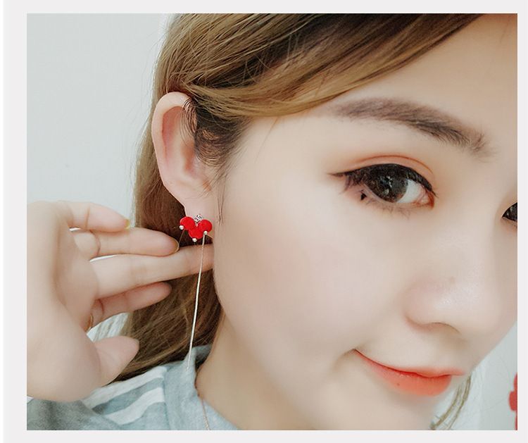 E641 Korean version of temperament long ear line simple red beads cherry ear line earrings female for gilrs for women low price