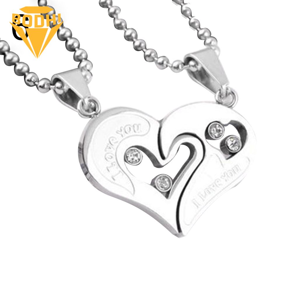 2Pcs/Set I Love You Rhinestone Inlaid Matching Heart Pendant Couple Necklace