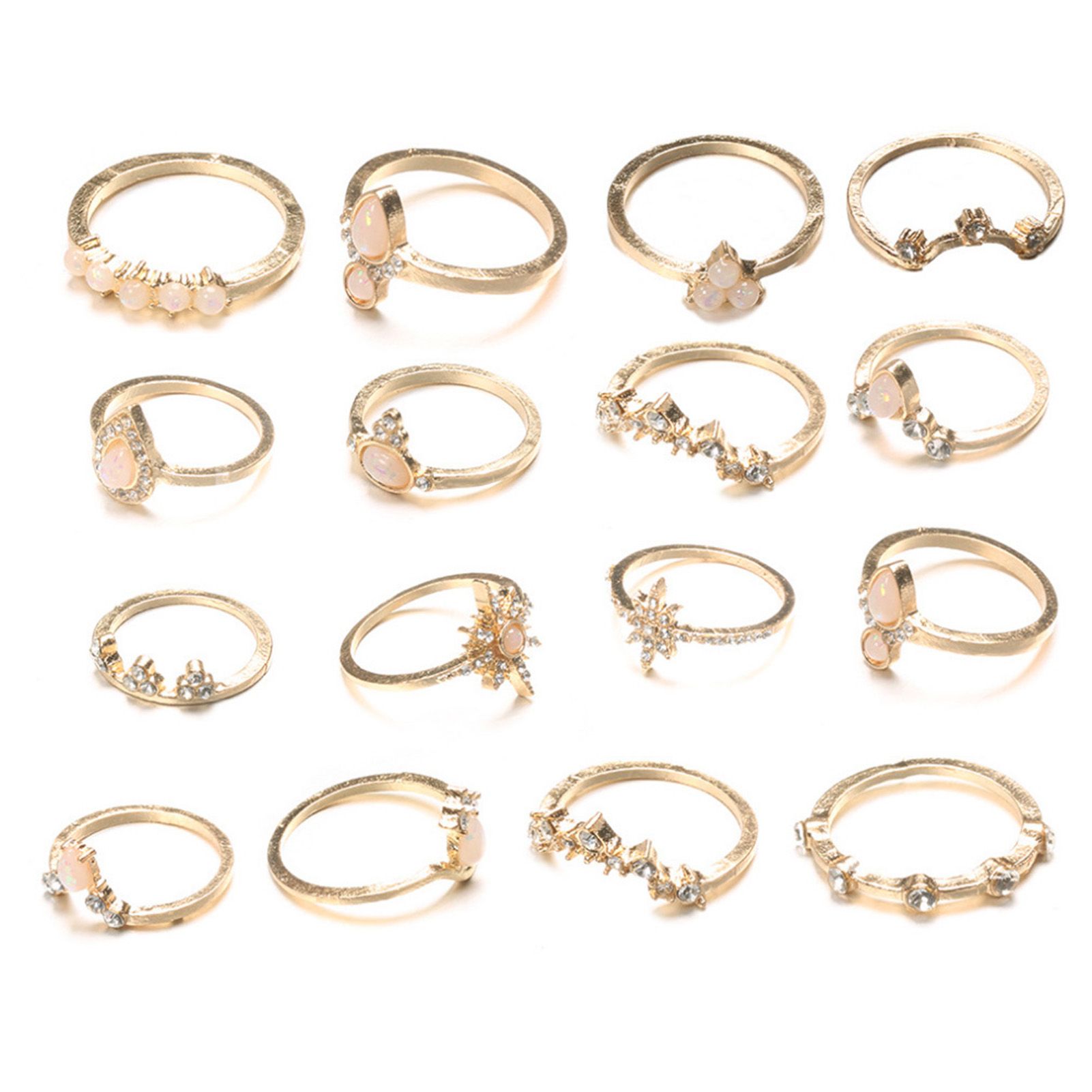 16Pcs/Set Crown Shape Rhinestone Knuckle Rings Alloy Bohemia Stackable Finger Rings Jewelry Accessory