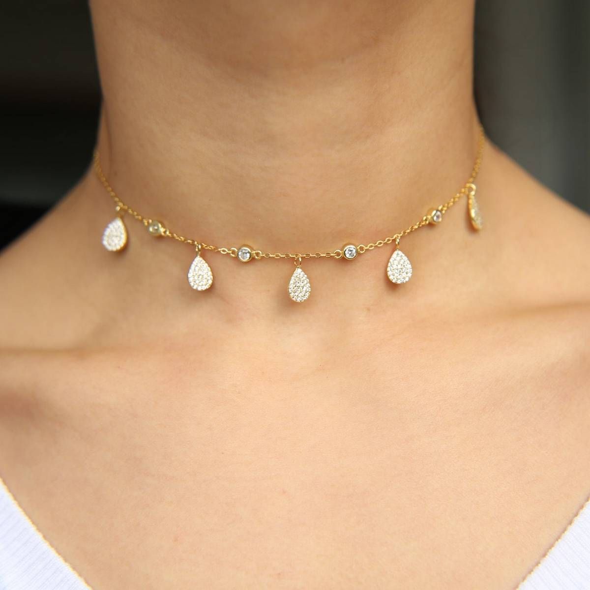 2019 New fashion women girl charm 925 sterling silver jewelry micro pave sparing bling tear water drop cz stone choker necklaces