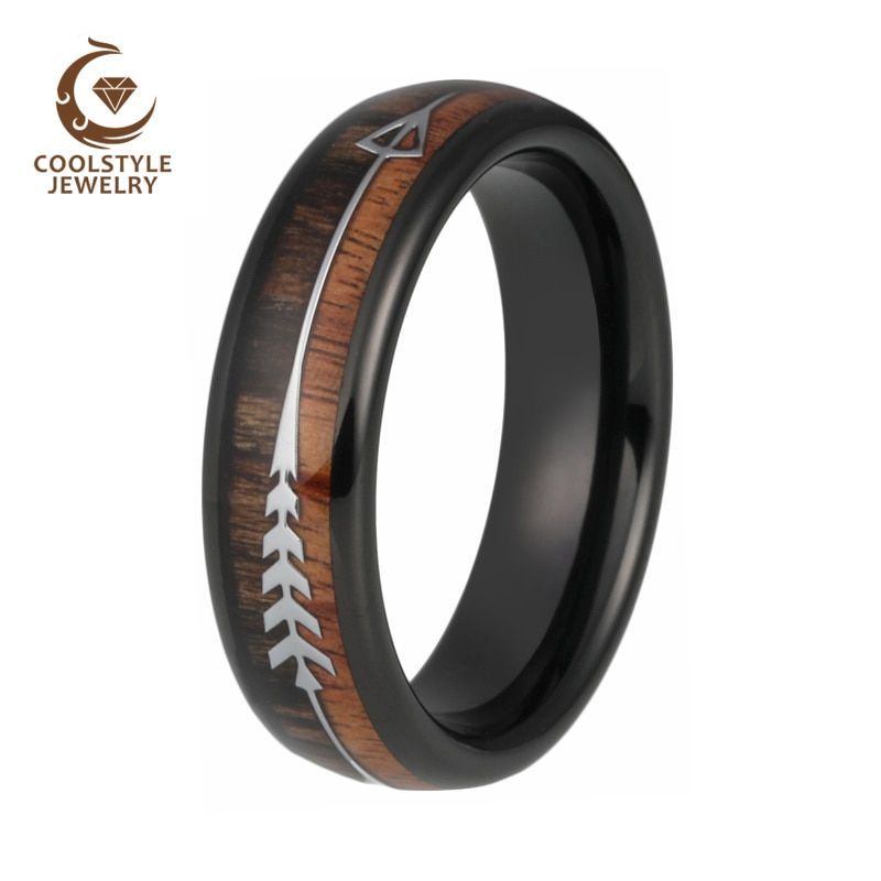 6MM Mens Tungsten Carbide Rings Womens Wedding Bands Koa Wood Arrow Inlay Domed Polished Shiny Comfort Fit